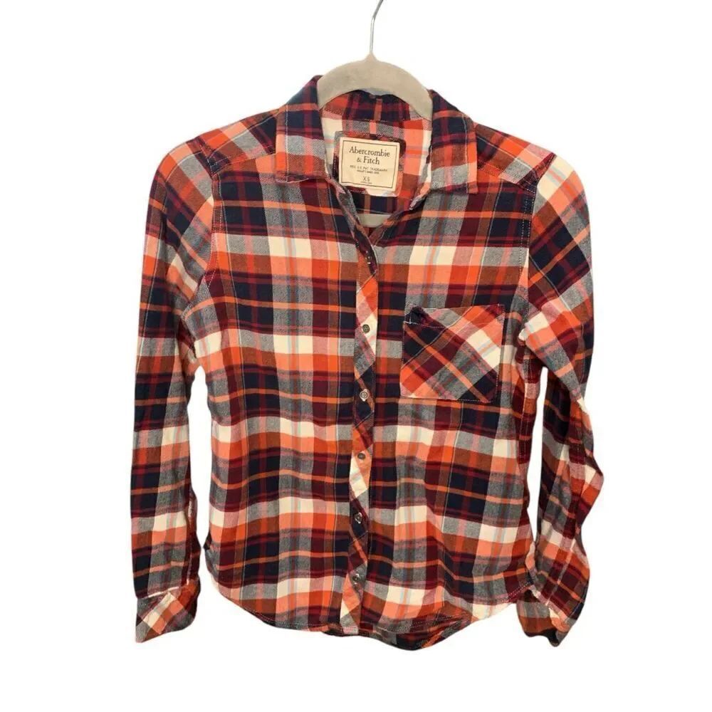 Abercrombie & Fitch Shirt Women Red Blue White Plaid Flannel Long Sleeve Button